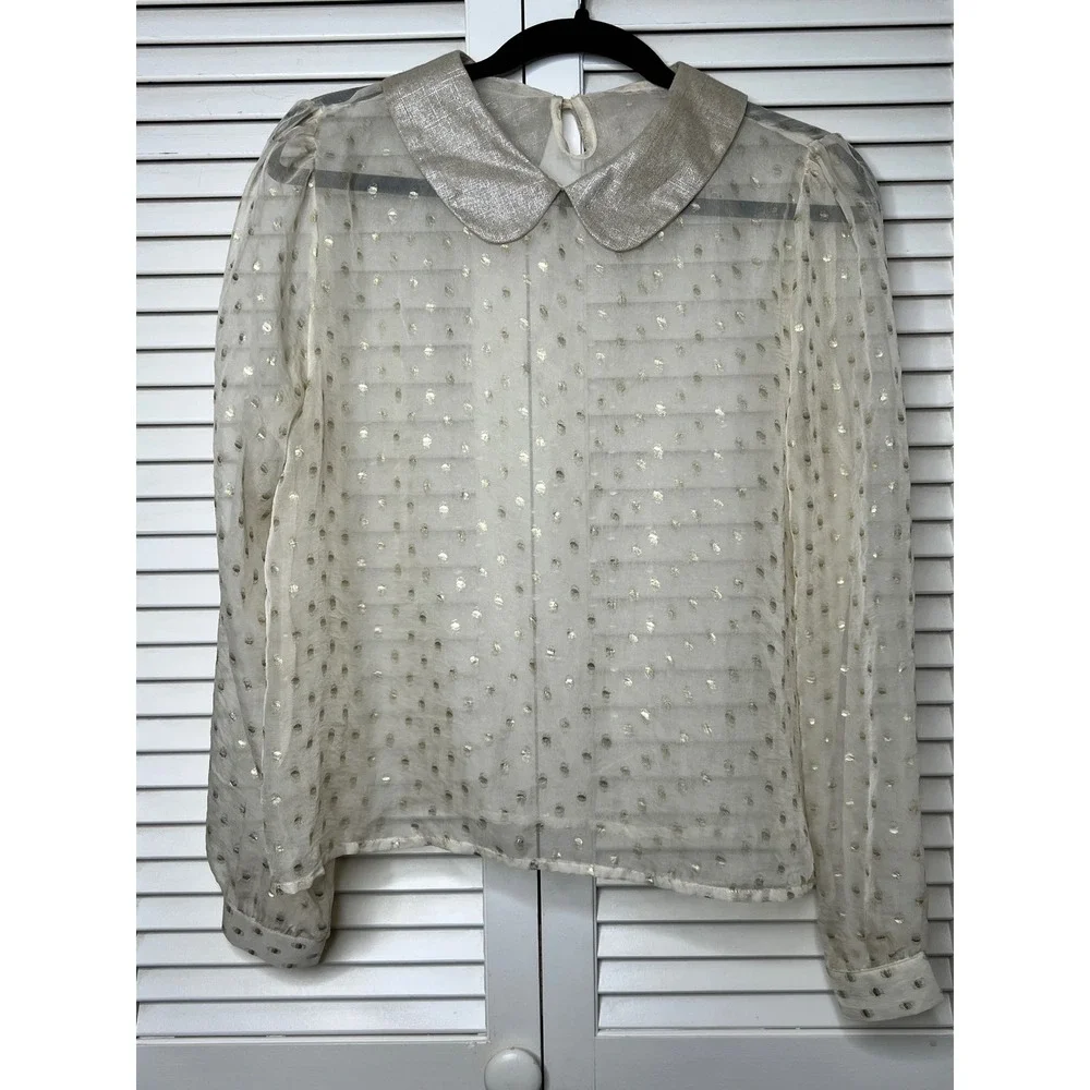 Vintage Sheer Ivory Gold Clip Dot Blouse Peter Pan Collar Size L